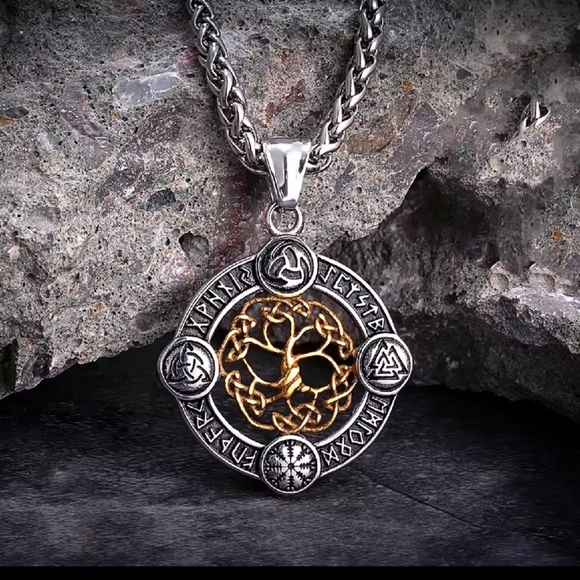 Anthropologie Other - Viking Rune Life Tree Stainless Steel Silver Luck Talisman Necklace